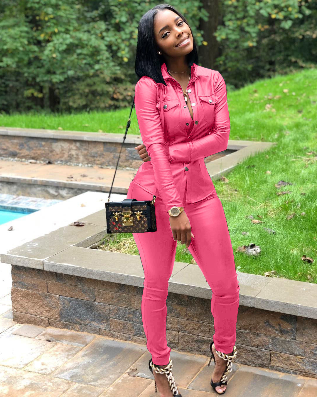 Women's Leather Cardigan Sports Set