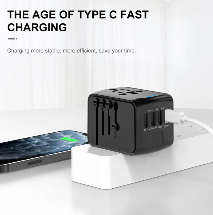 Universal Multifunctional Travel Charger with 3 USB & Type-C Ports – Worldwide Plug Adapter