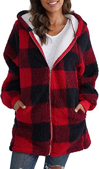 Plush Long-Sleeved Plaid Coat