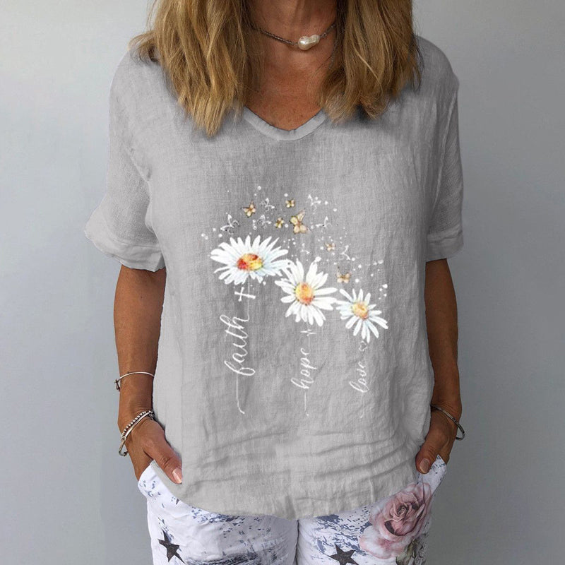 Summer V-Neck Loose Women's T-Shirt in Cotton Blend