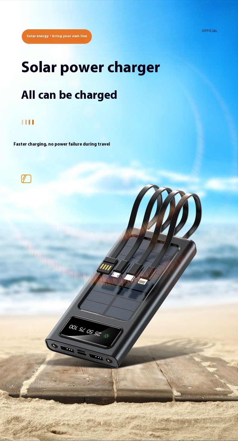 Solar Power Bank with Built-in Four Cables, 20000mAh Portable Charger for Mobile Phones