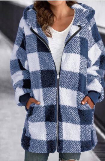 Plush Long-Sleeved Plaid Coat