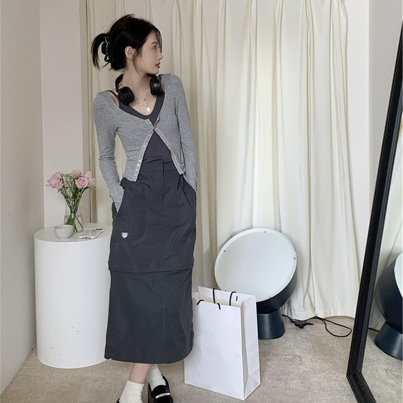 Grey Retro A-line Skirt for Women with Unique Design