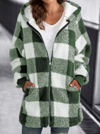Plush Long-Sleeved Plaid Coat