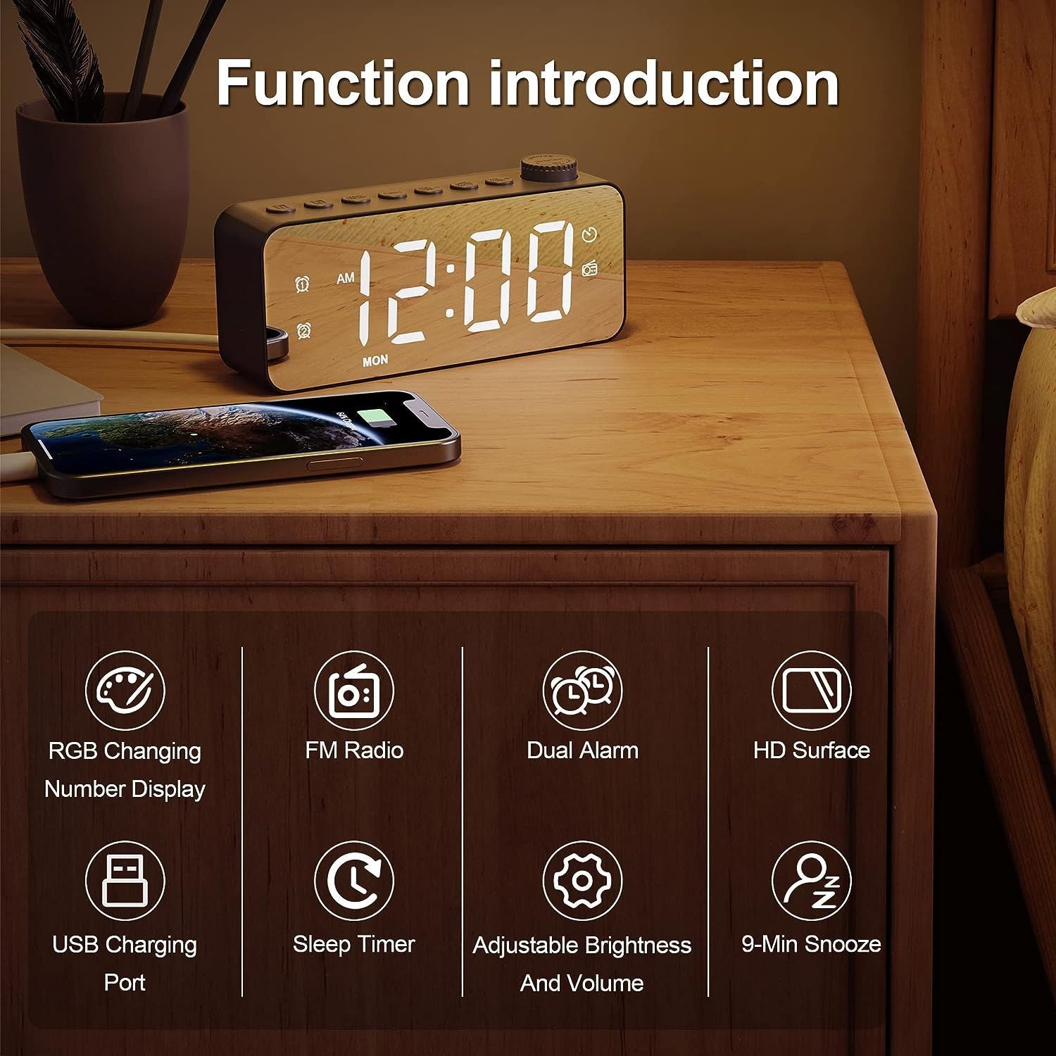 Black Mirror Radio Alarm Clock with RGB Lighting