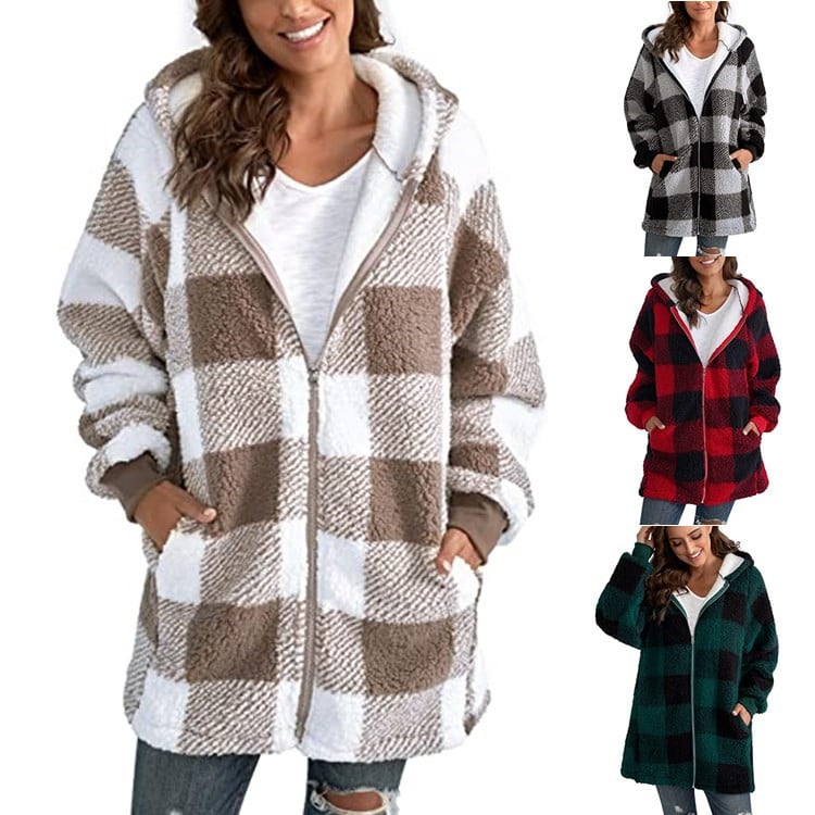 Plush Long-Sleeved Plaid Coat