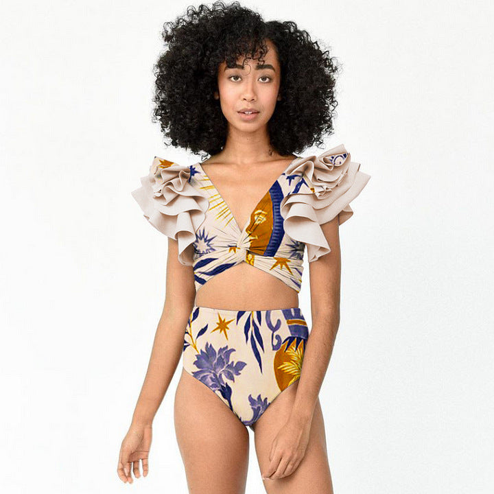 European Style Ruffled Print Bikini Set